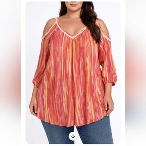 Nina Leonard 1X Pink Yellow Cold Shoulder Top Lined V-Neck